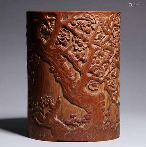 A CARVED BAMBOO 'PLUM' BRUSHPOT.BITONG. REPUBLIC PERIOD