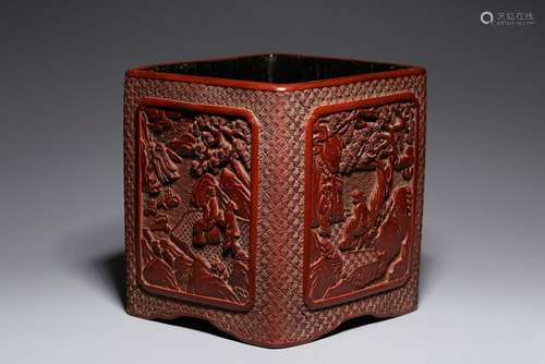 A CINNABAR LACQUER BRUSHPOT.BITONG.QING PERIOD