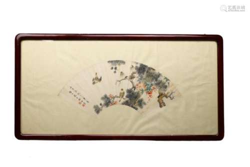 CHINESE FRAMED FOLDING FAN LEAF PAINTING OF BIRDS