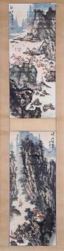 SET OF TWO INK AND COLOR PAINTINGS OF LANDSCAPE