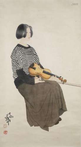 CHINESE INK & COLOR PAINTING OF A GIRL WITH VIOLIN