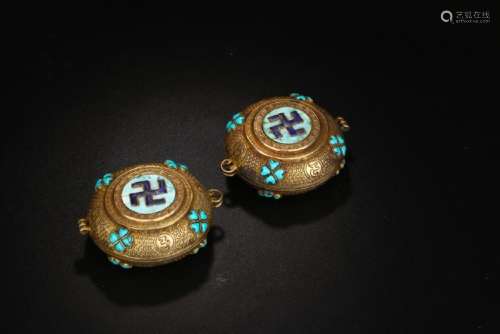 PAIR OF GILT BRONZE & TURQUOISE INLAID BOXES
