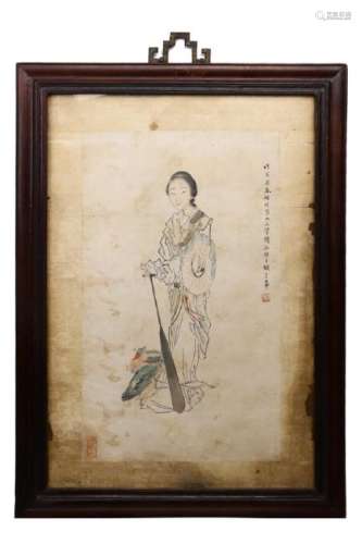 CHINESE INK AND COLOR PAINTING OF A FEMALE FIGURE