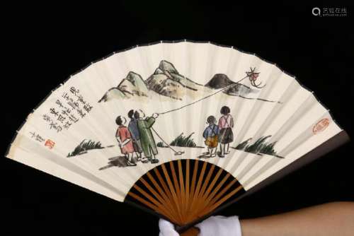 CHINESE FOLDING FAN PAINTING OF KITE FLYING
