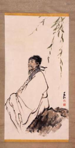 CHINESE PAINTING OF A SCHOLAR SITTING ON A ROCK