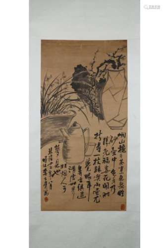 CHINESE HANGING SCROLL PAINTING OF POTTED PLANTS