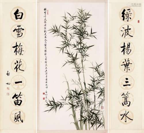 CHINESE PAINTING OF BAMBOO & CALLIGRAPHY COUPLETS