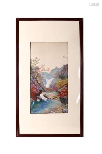 CHINESE EMBROIDERY OF LANDSCAPE WITH WOOD FRAME