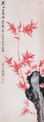 CHINESE INK AND COLOR PAINTING OF BAMBOO AND ROCK