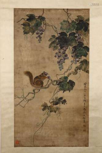 CHINESE PAINTING OF A SQUIRREL AND GRAPES