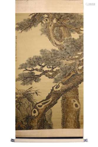 CHINESE INK AND COLOR PAINTING OF PINE TREES
