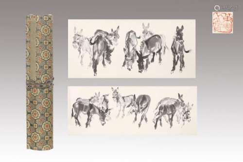 INK HANDSCROLL PAINTING OF A DROVE OF DONKEYS