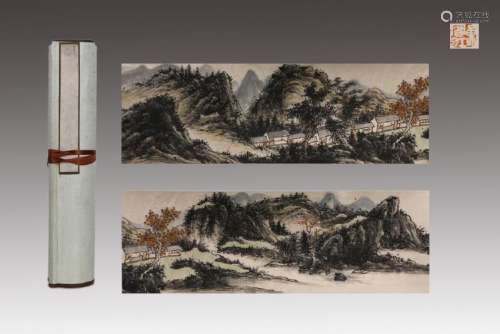 CHINESE HANDSCROLL PAINTING OF A VILLAGE BY LAKE
