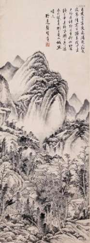 CHINESE INK PAINTING OF VILLAGE IN MOUNTAIN