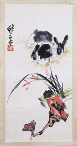 CHINESE INK & COLOR PAINTING  OF RABBITS