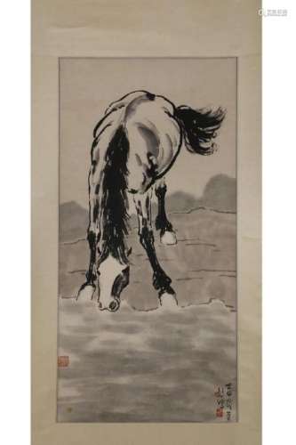 CHINESE INK PAINTING OF A HORSE DRINKING WATER