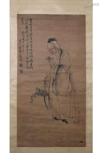 CHINESE PAINTING OF AN OLD MAN WITH A BASKET