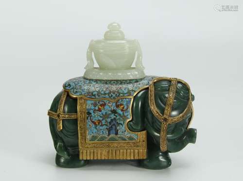 Cloisonne Enamel Elephent with Bi Jade and  Wihte Jade