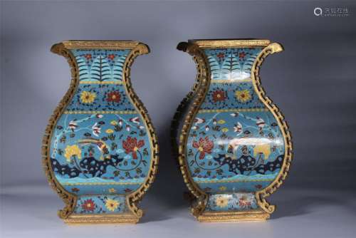 A Pair of Bronze Enamel  Square Vases