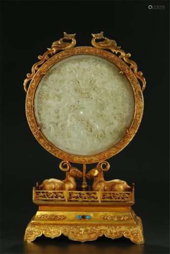 Gilt  Bronze with Inlaid He Tian Jade Carved  Screen