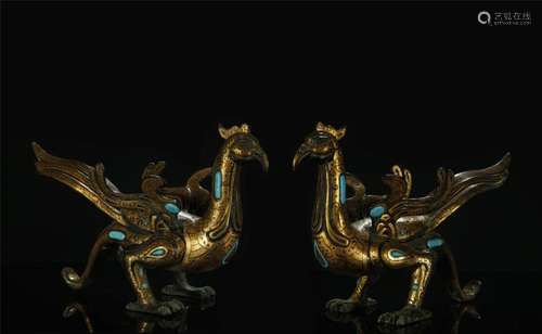 A Pair of Bronze Inlaid Gold and Gemstones Phoenix