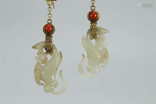 Tian Jade Earrings Inlaid  Agate  Silver Gilt