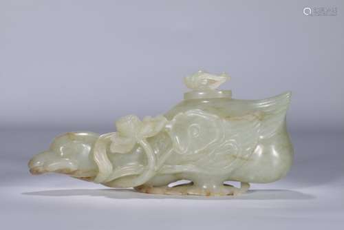 Carved  Jade Duck with lotus leaf in the Mouth