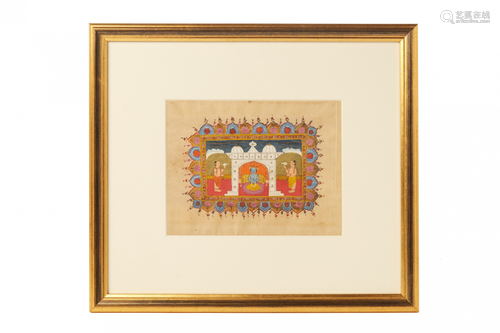 AN ANTIQUE INDIAN MINIATURE PAINTING OF THE WORSHIP OF KRISHNA