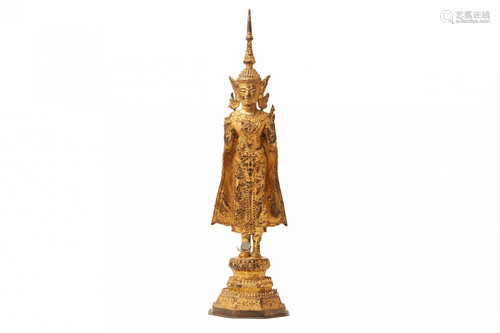 A THAI RATTANAKOSIN PERIOD GILT BRONZE STANDING BUDDHA