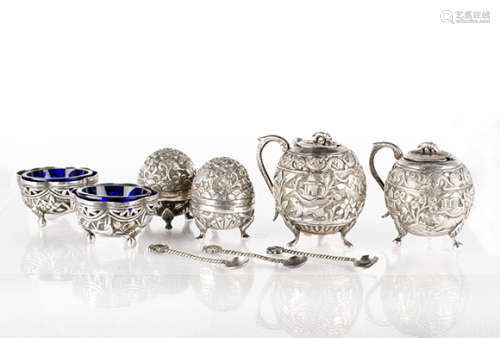 A SET OF INDIAN SILVER CONDIMENT SET