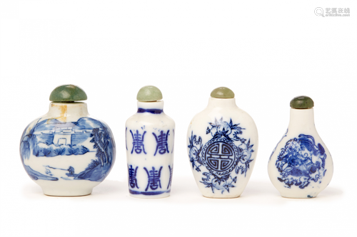 FOUR BLUE AND WHITE PORCELAIN SNUFF BOTTLES