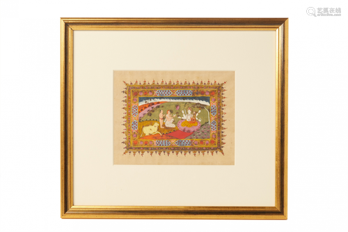 AN ANTIQUE INDIAN MINIATURE PAINTING OF SHANKAR AND PARVATI BEING WORSHIPPED