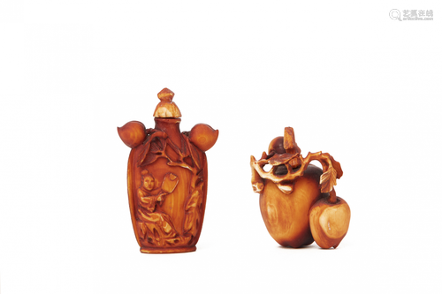 TWO CARVED WOOD SNUFF BOTTLES