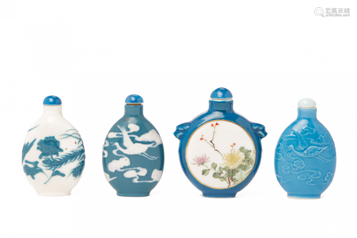 FOUR BLUE AND WHITE PORCELAIN SNUFF BOTTLES