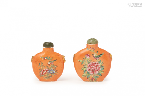 TWO ORANGE PORCELAIN SNUFF BOTTLES