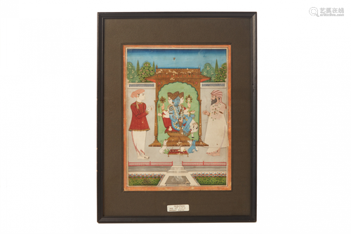 AN ANTIQUE INDIAN MINIATURE OF WORSHIP OF TRIMURTI