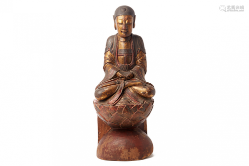 A SOUTHEAST ASIAN WOODEN SCULPTURE OF THE BUDDHA MEDITATING (78CM HIGH)