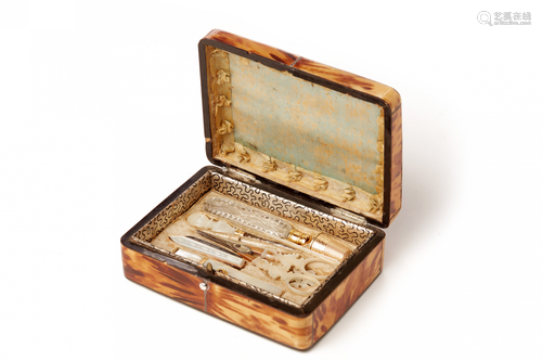 A 19TH CENTURY FRENCH TORTOISE SHELL BOX CONTAINING A MOTHER-OF-PEARL SEWING KIT