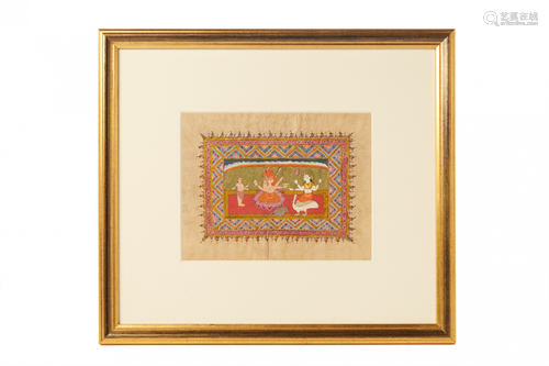 AN ANTIQUE INDIAN MINIATURE PAINTING OF GANESHA AND SARASWATI