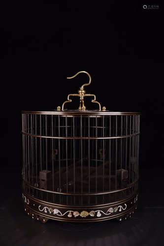 RED WOOD BIRDCAGE WITH MOTHER OF PEARL INLAID