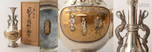 明治時代純銀芝山螺鈿鑲嵌龍耳瓶