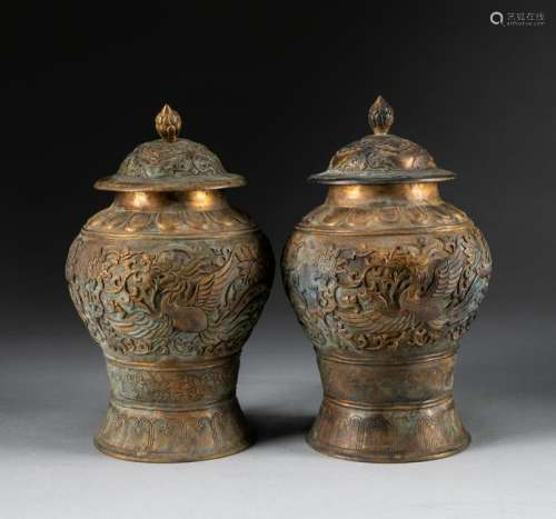 Pair Tang Style Chinese Antique Gilt Bronze Jars