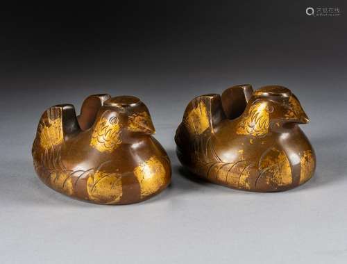 Pair 18-19th Japanese Gilt Bronze Mandarin Duck Stands