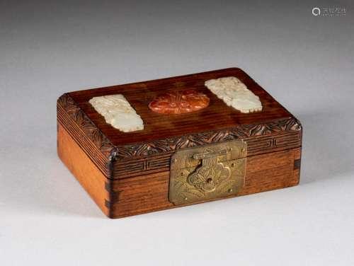 19th Chinese Antique Huali Wood Box & Jade