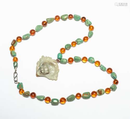 1960-80 Export Chinese Antique Turquoise & Amber Necklace