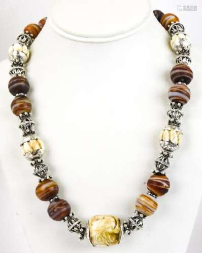Handmade Agate Art Glass & Silver Necklace