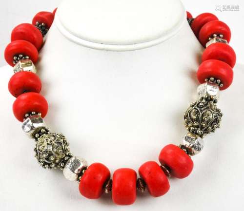 Handmade Silver & Faux Coral Necklace