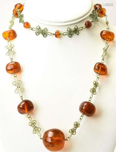 Antique Carved Amber & Filigree Necklace