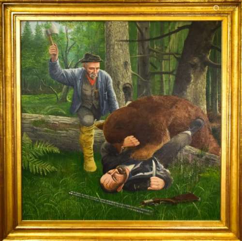 Framed Oil Painting of Bear Attacking Two Hunters