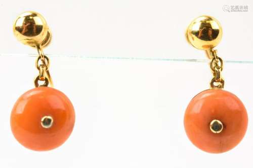 Pair Estate 14kt Yellow Gold & Coral Earrings